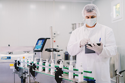 Picture of young man in sterile clothes using tablet . Controlli